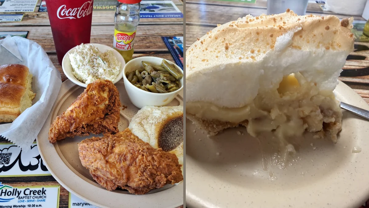Southern plates on a simple dining table.